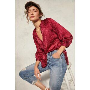 Anthropologie Susanna Raspberry Red Pink Burnout Velvet Buttondown Top Xsmall